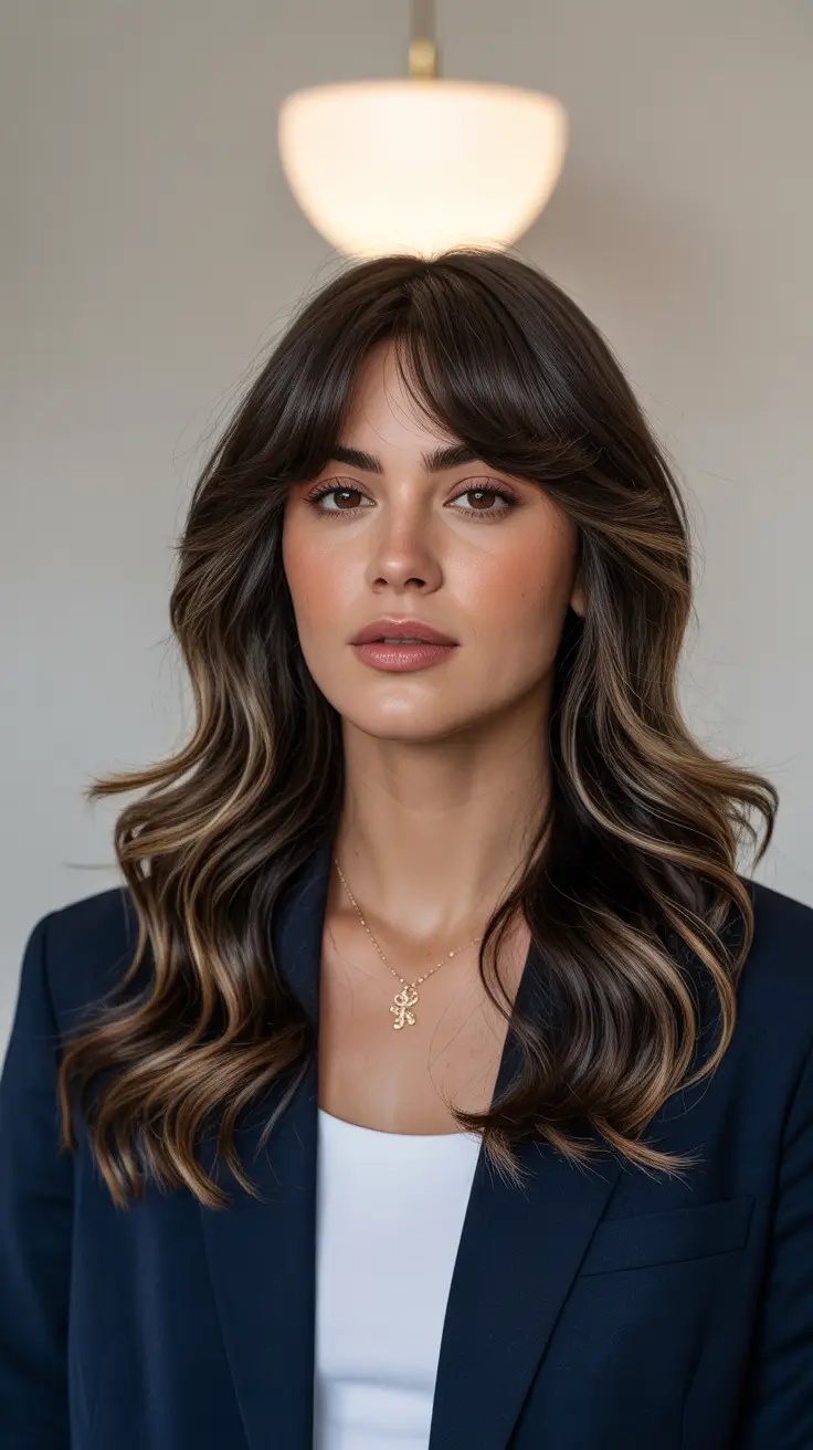 Winter Haircuts for Round Faces 2025-2026 Style Guide Chocolate Layers with Curtain Bangs
