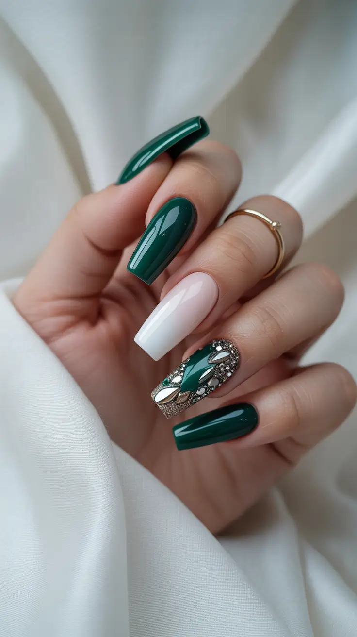 winter nails design and color ideas 2025-2026 Emerald Luxe Drama