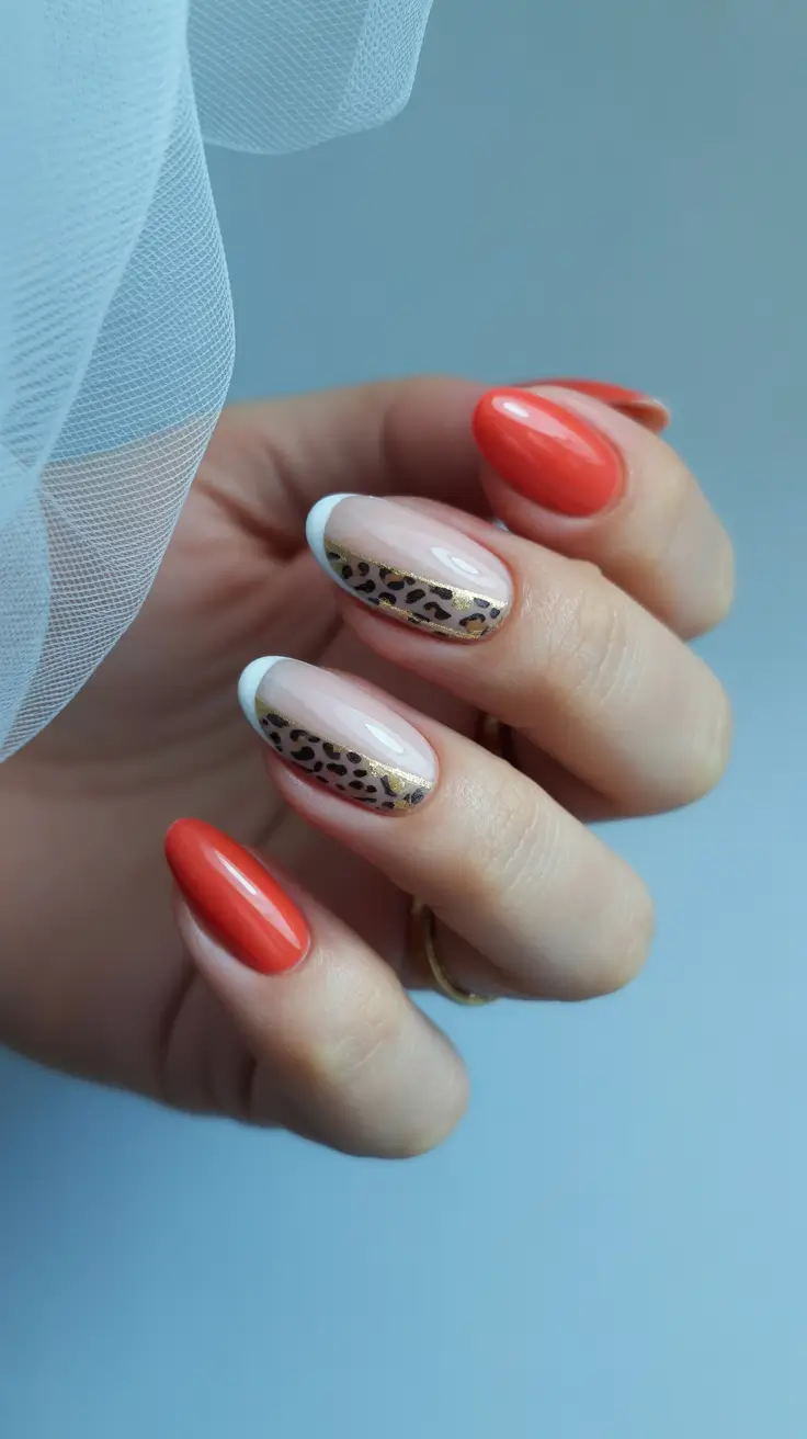 winter nails design and color ideas 2025-2026 Fiery Coral & Leopard Charm
