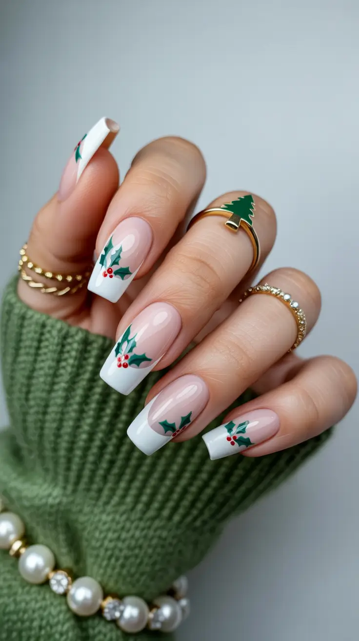 winter nails ideas 2025 - 2026 Holiday Holly French