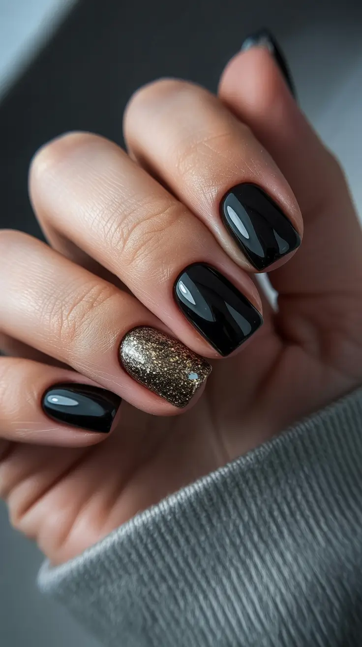 winter nails ideas 2025 - 2026 Black & Gold Glam