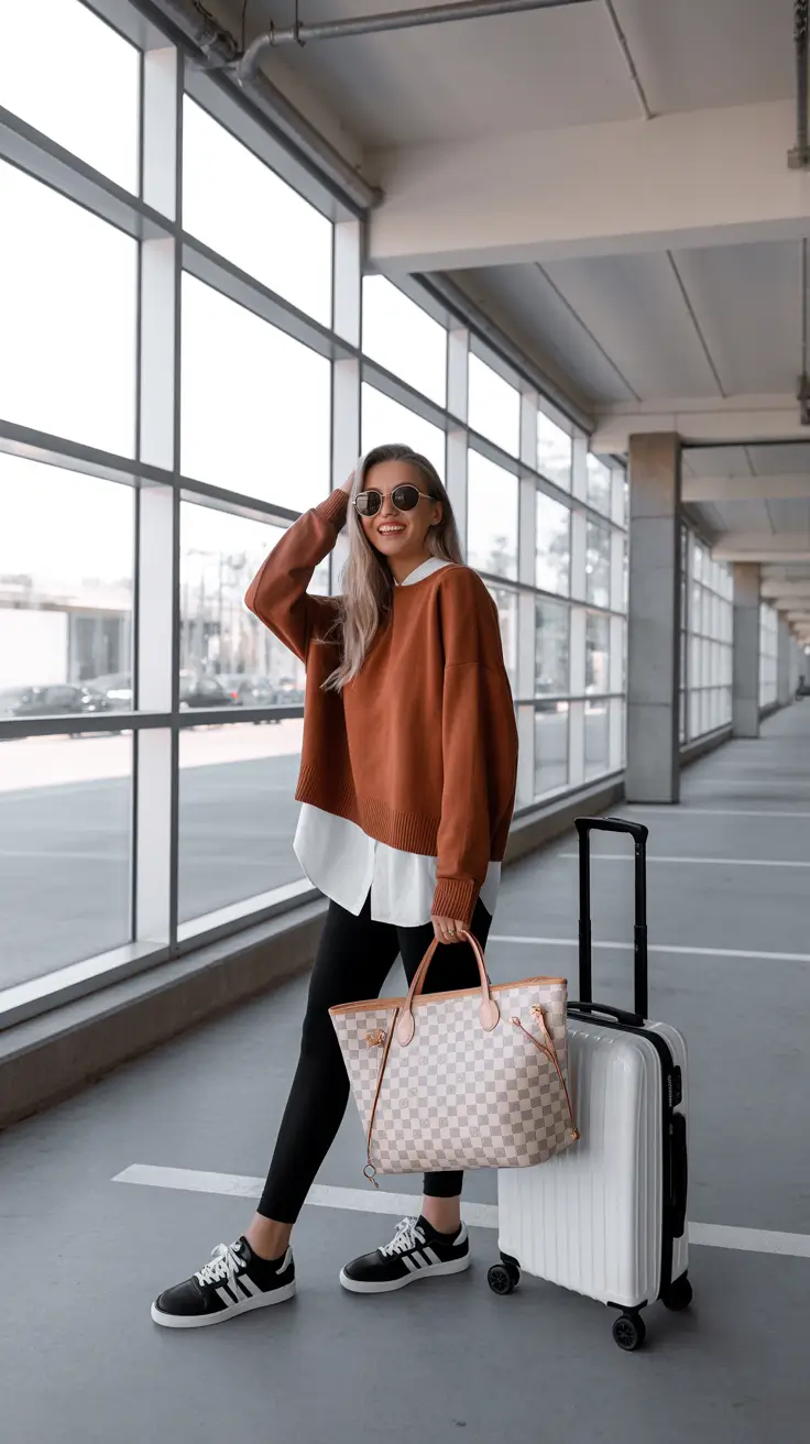 Airport travel outfits 2026 Warm Rust and White Balance