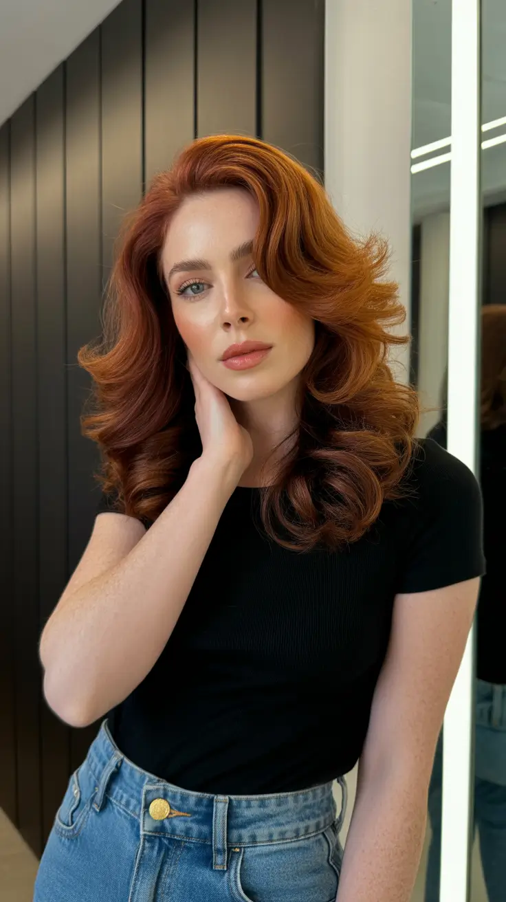 Auburn hair color 2026 guide Retro Auburn Curls with a Chocolate Twist
