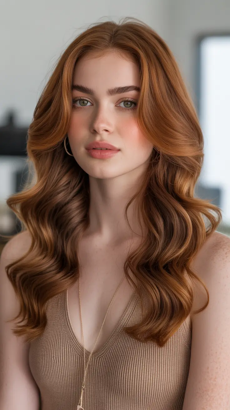 Auburn hair color 2026 guide Soft Auburn Waves with a Warm Cinnamon Glow
