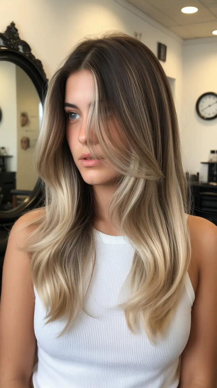 Balayage hair color ideas 2026 Cool Champagne Balayage for Light Brunettes