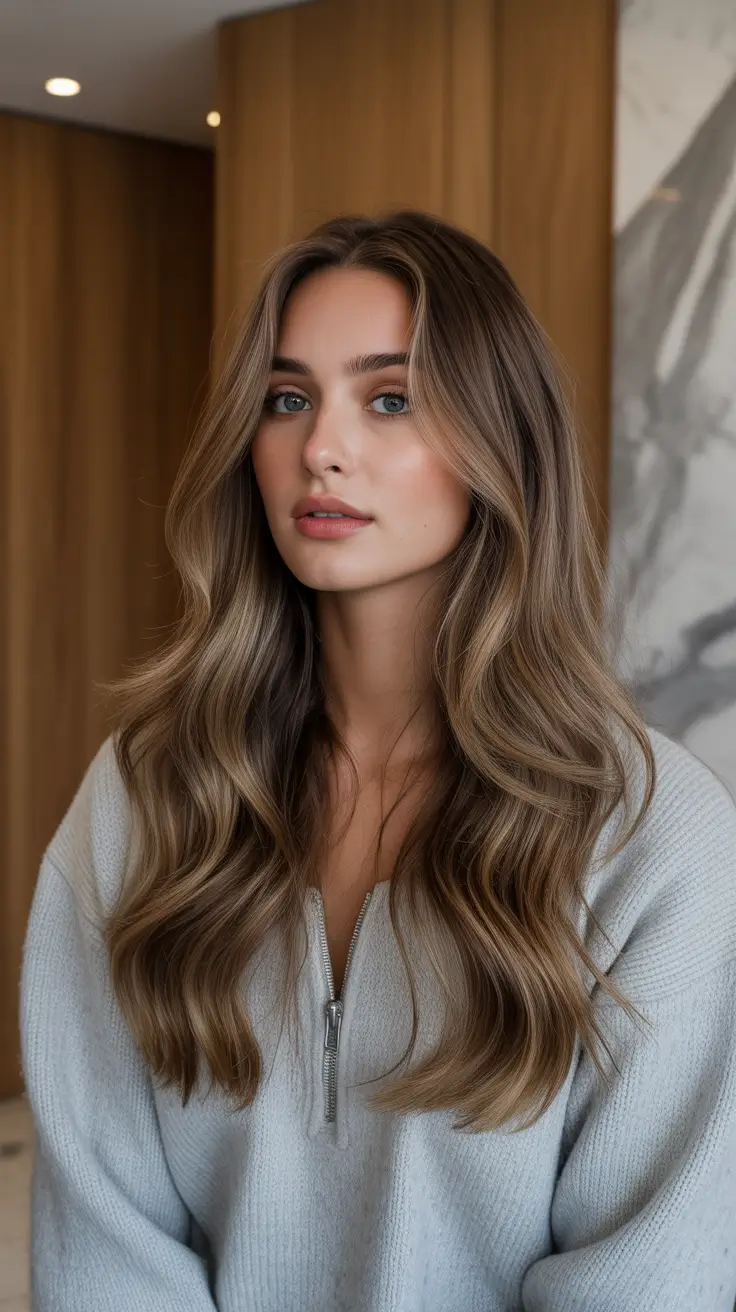 Balayage hair color ideas 2026 Soft Mocha Balayage with Ashy Finish