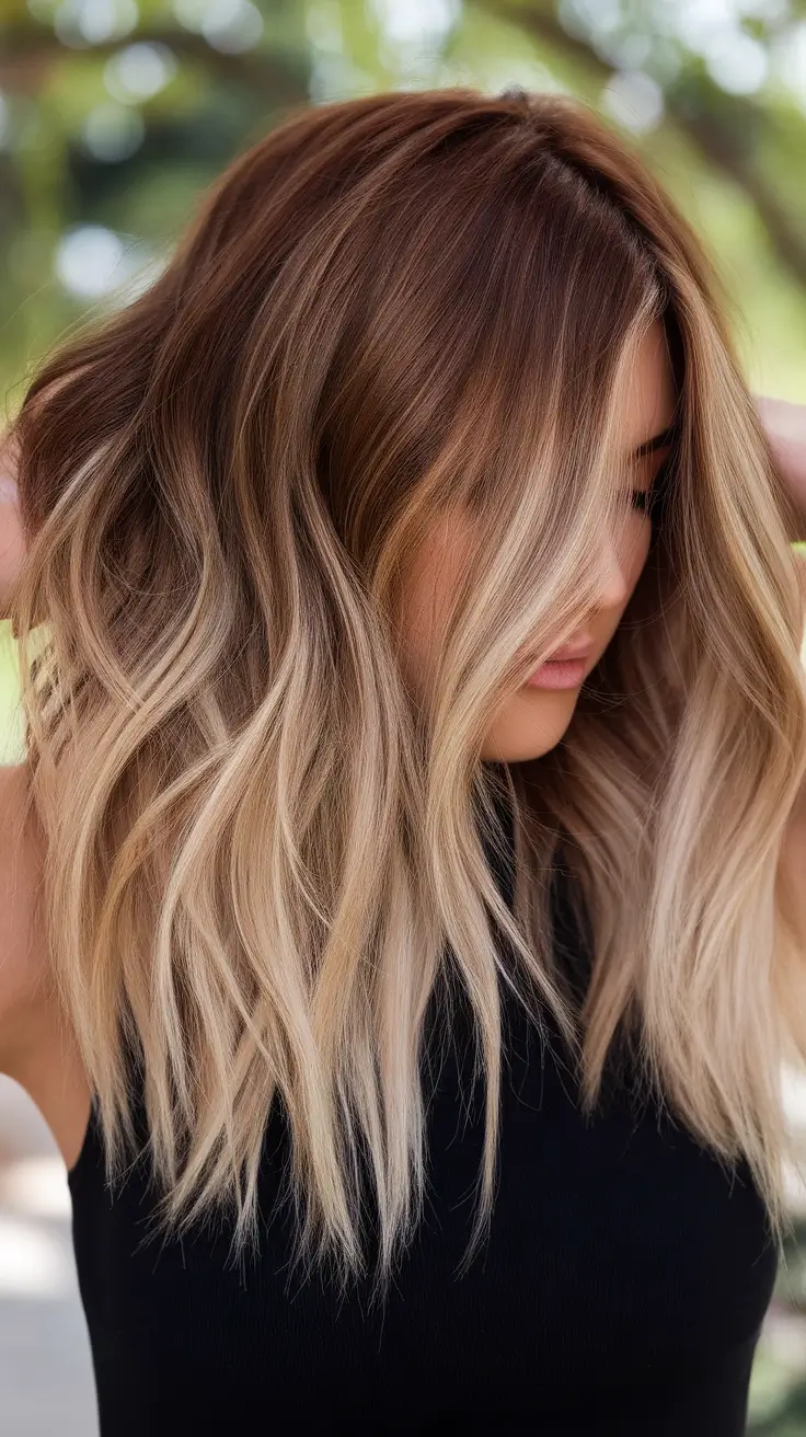 Balayage hair color ideas 2026 Rooted Caramel Blonde Lob