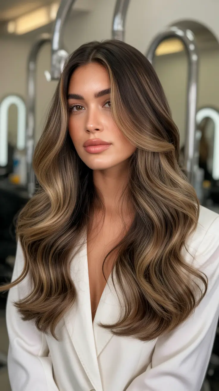 Balayage hair color ideas 2026 Honey-Toned Balayage for Cool Brunettes