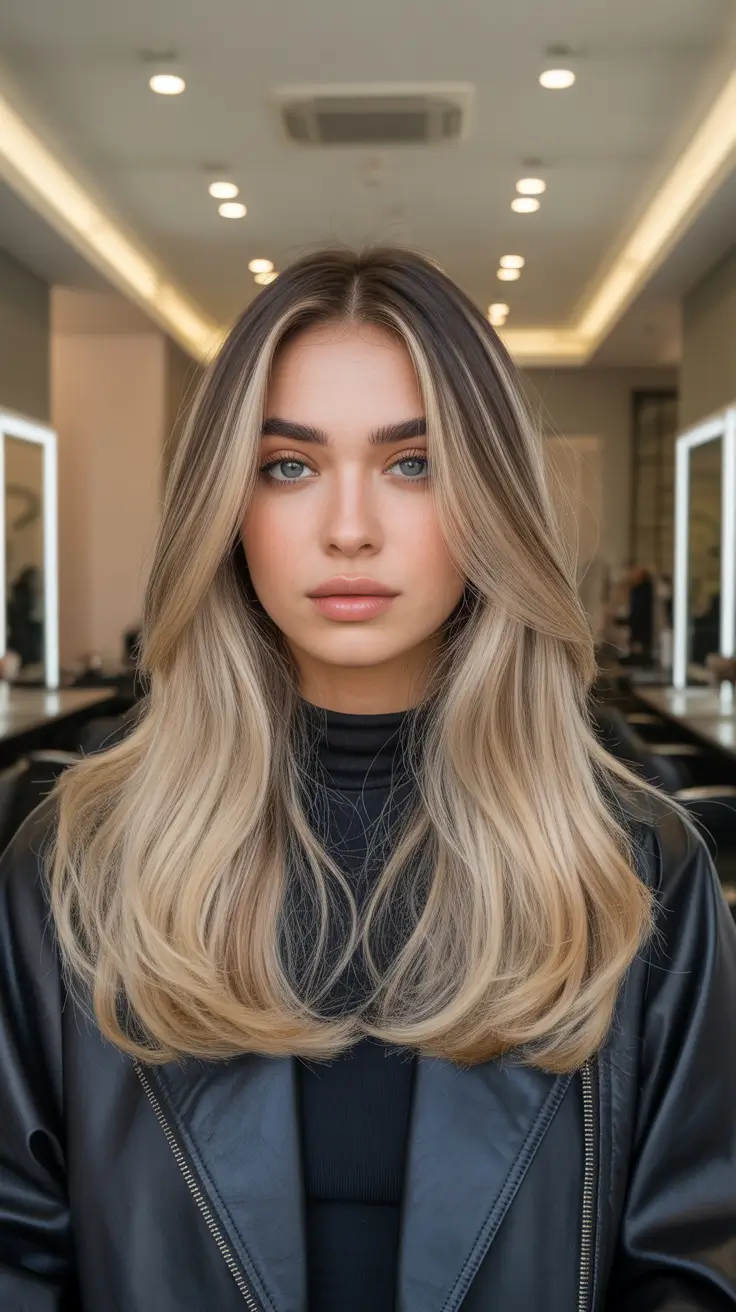 Balayage hair color ideas 2026 High-Contrast Vanilla Blonde with Dark Roots