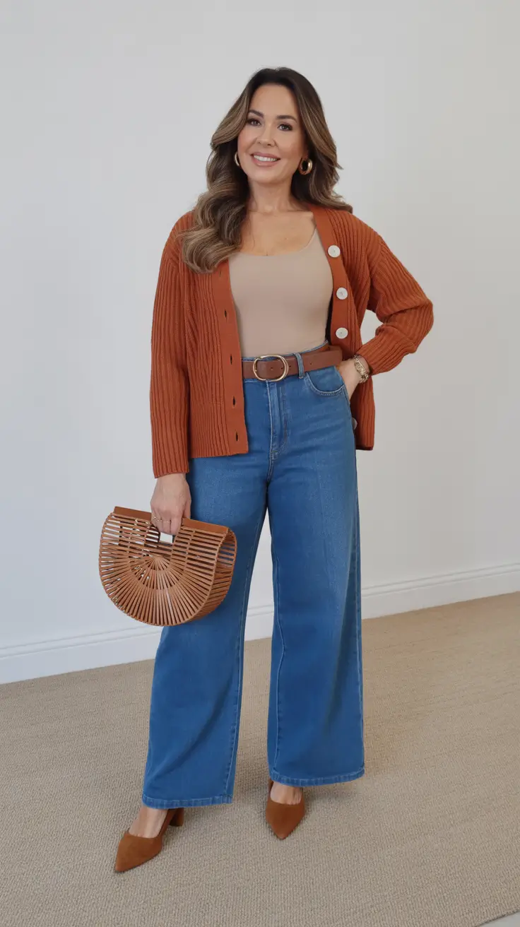 best outfits for women over 50 in 2026 Warm Rust and Blue Denim Harmony