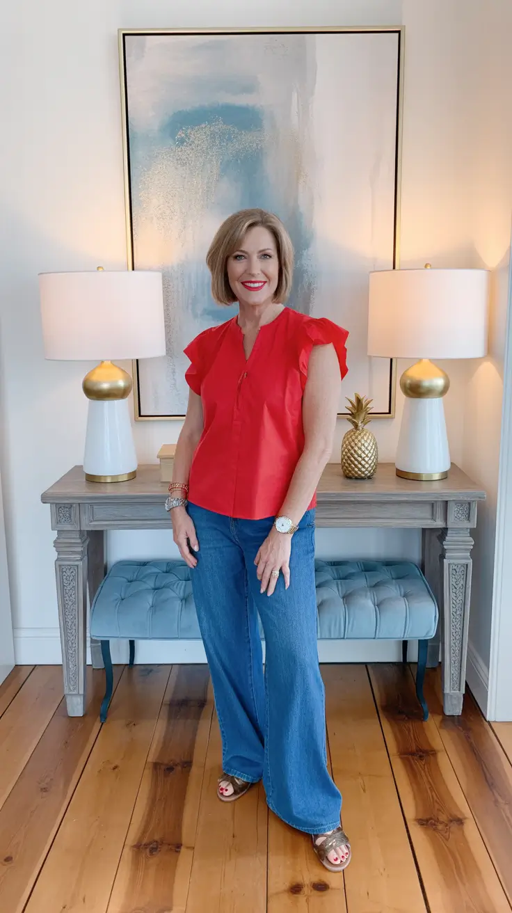 best outfits for women over 50 in 2026 Effortless Red and Denim Energy