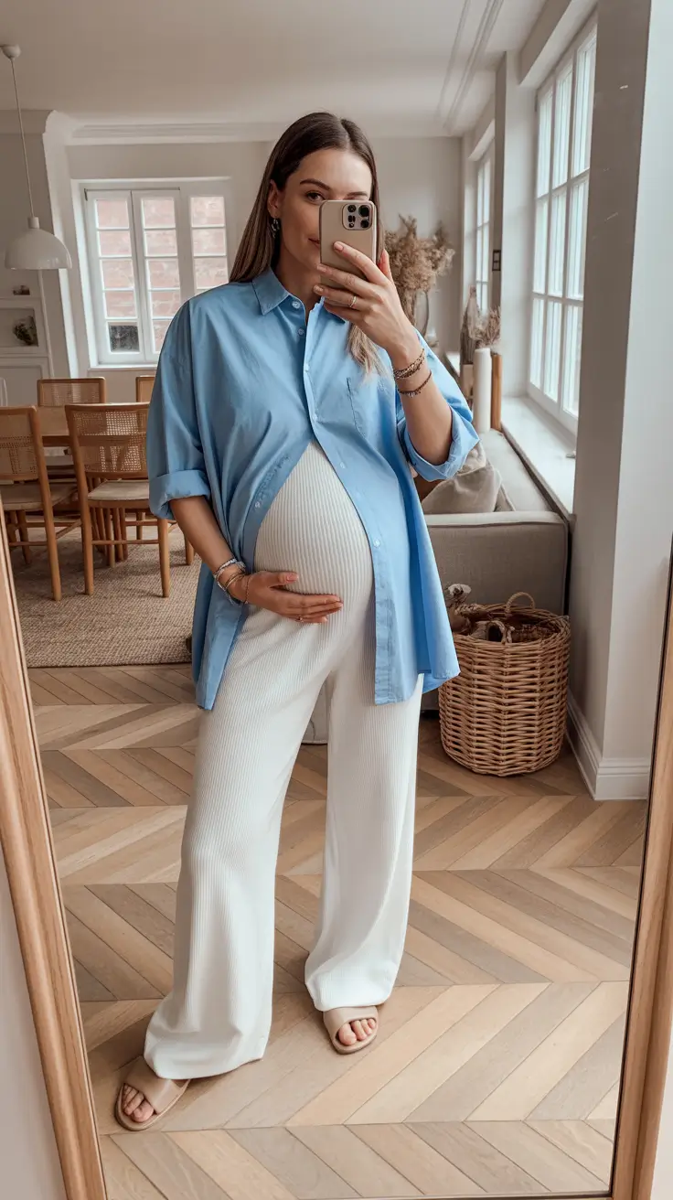 Best pregnancy outfits 2026 Soft Blue and Ivory Ease