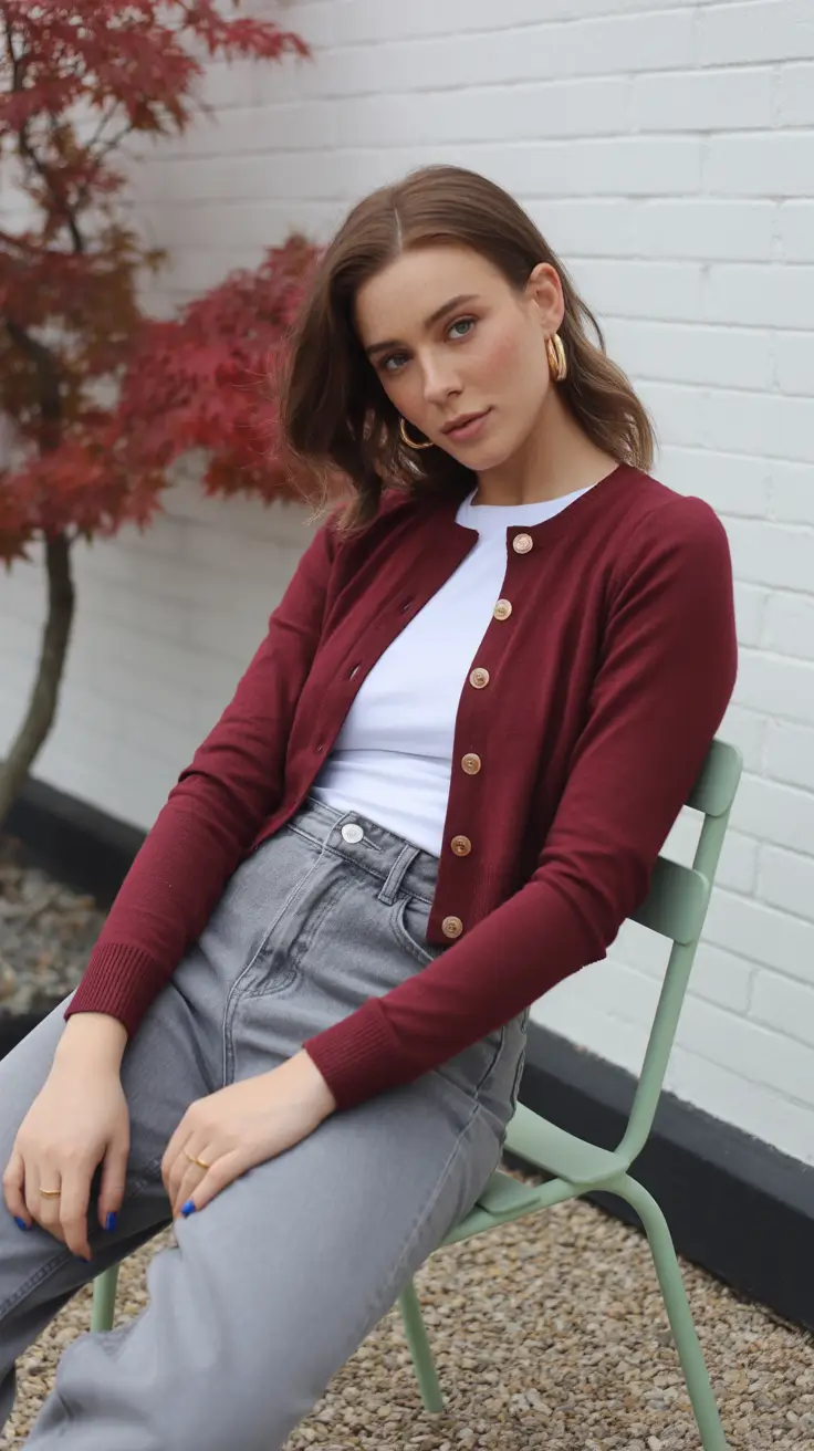 Brunch outfit ideas 2026 Soft Burgundy & Denim Ease