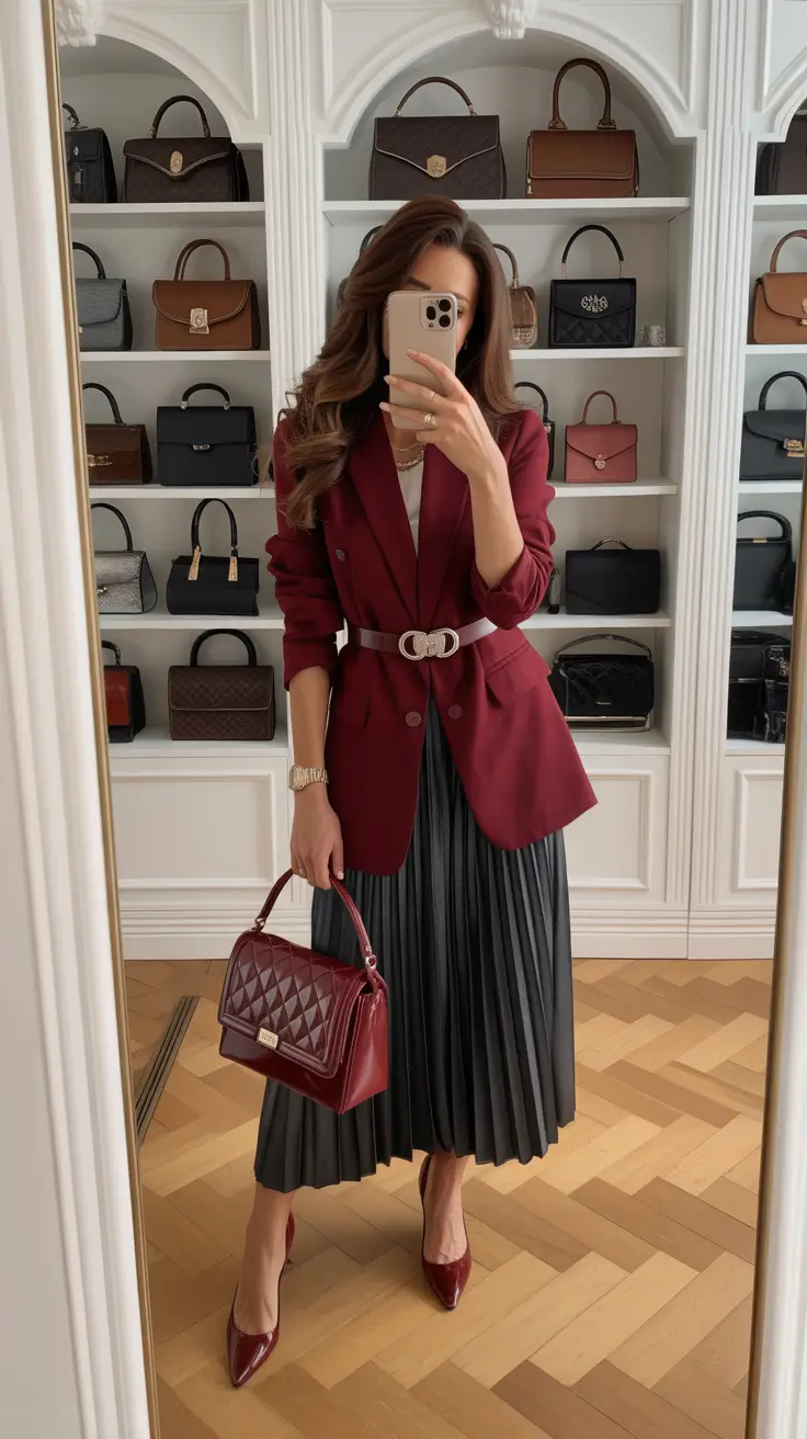 Brunch outfit ideas 2026 Structured Burgundy Elegance