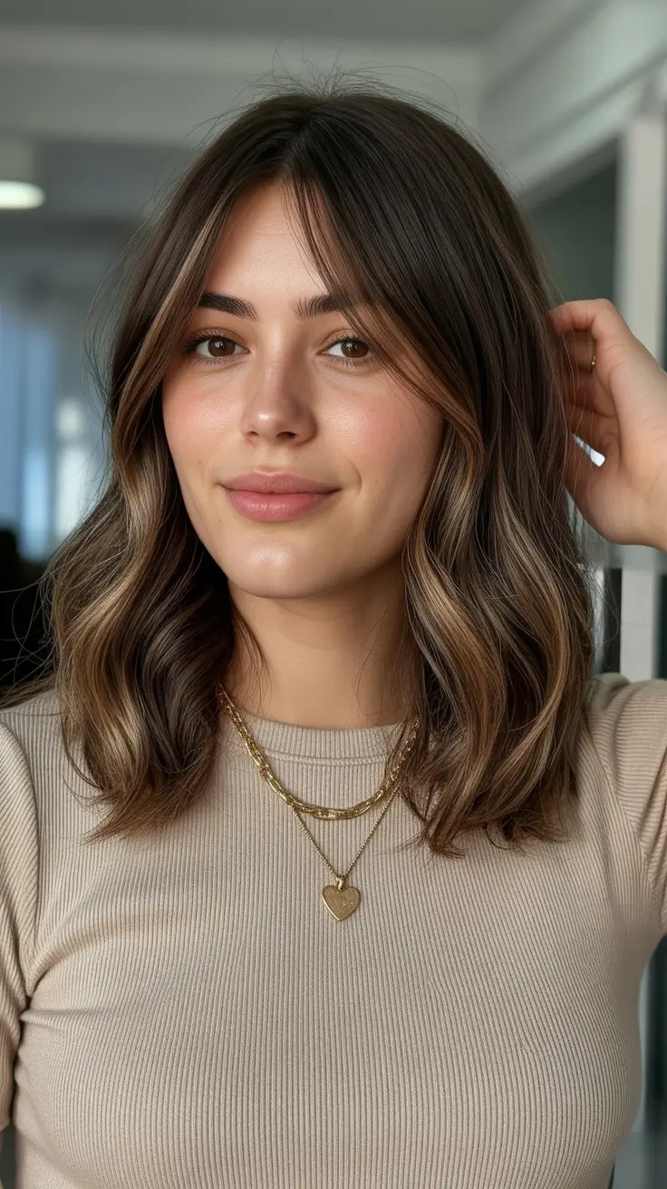 Brunette hair color 2026 trends Bronde Mid-Length Chic