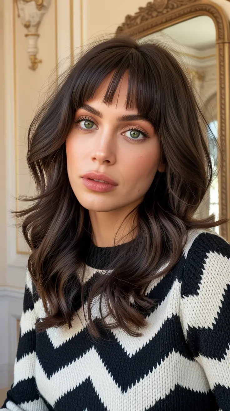 Brunette hair color 2026 trends French Girl Bangs with Espresso Shine