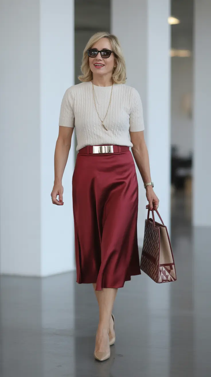 classy-outfits-for-women-over-40-in-2026 Crimson Confidence Polished Daytime Elegance