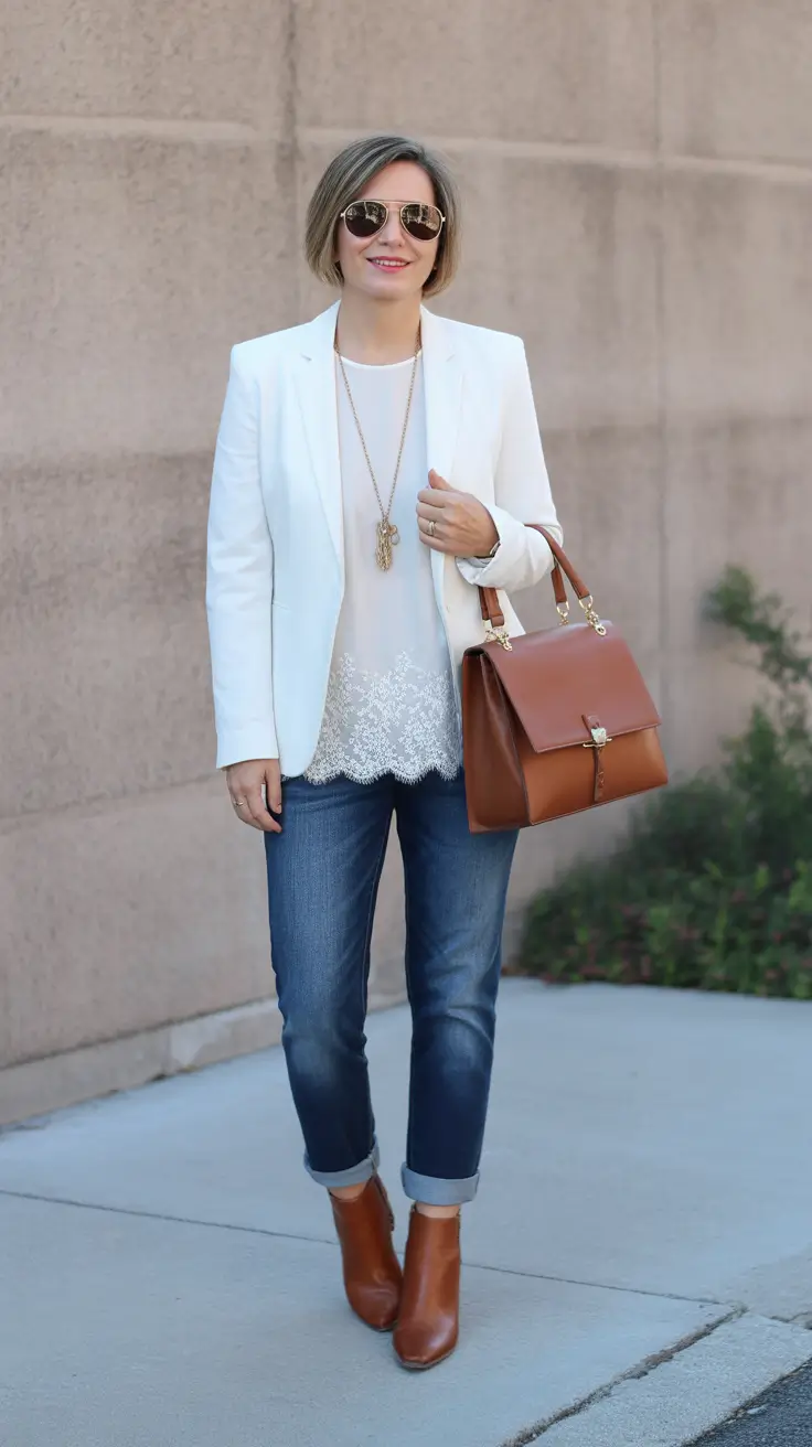 classy-outfits-for-women-over-40-in-2026 Soft White Power with Denim Ease