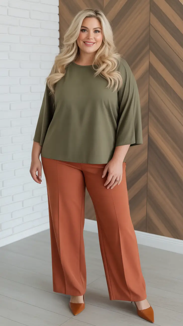 classy-outfits-for-women-over-40-in-2026 Olive Calm Meets Rust Warmth