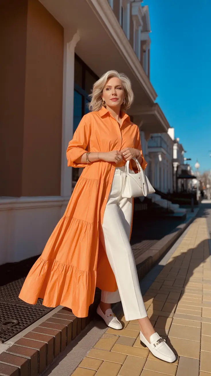 classy-outfits-for-women-over-40-in-2026 Tangerine Glow with a Tailored Touch