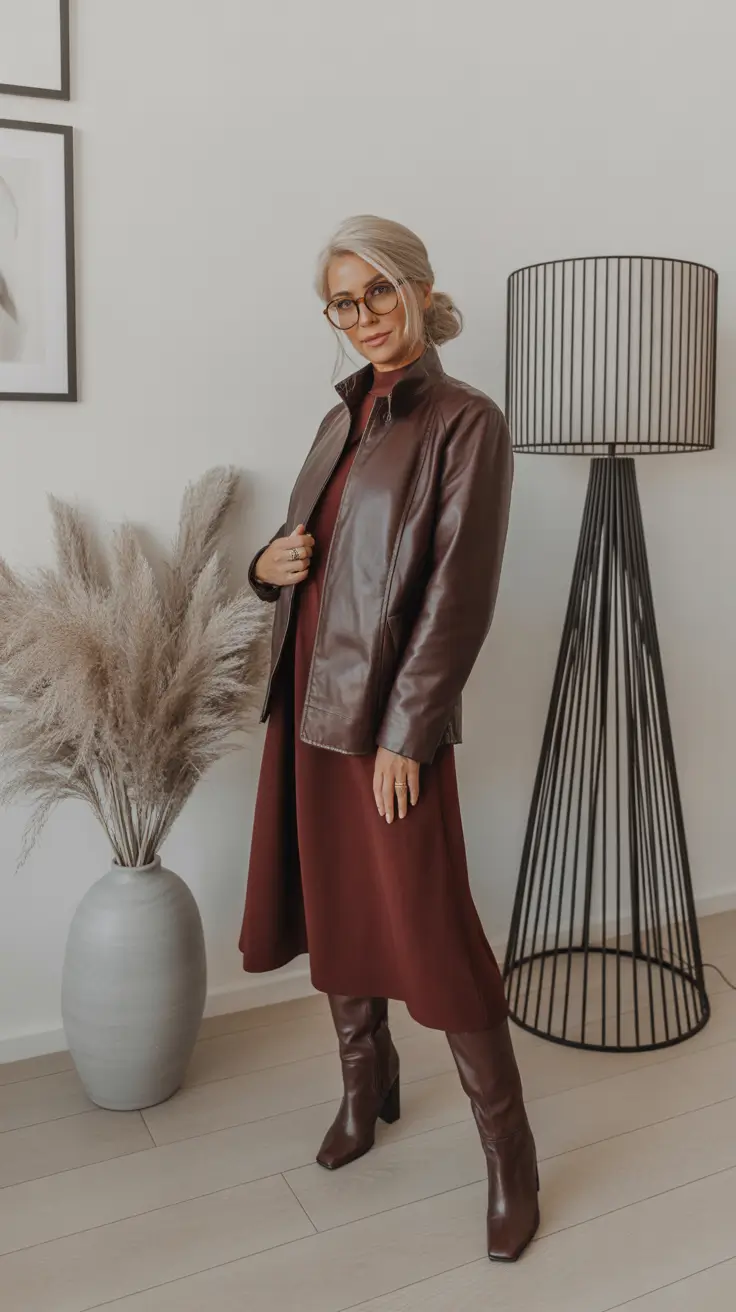 classy-outfits-for-women-over-40-in-2026 Monochrome Power The Chocolate Leather Moment