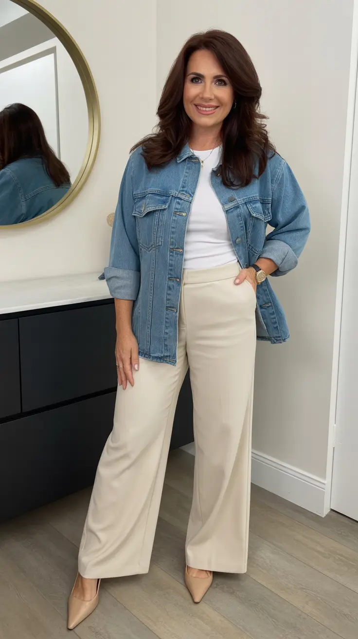 classy-outfits-for-women-over-40-in-2026 Denim Sophistication Neutrals with an Edge