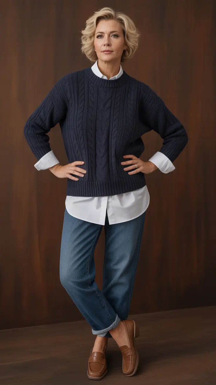 classy-outfits-for-women-over-40-in-2026 Refined Comfort Navy and White with a Twist