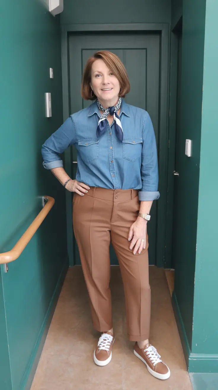 classy-outfits-for-women-over-40-in-2026 Denim and Camel Harmony