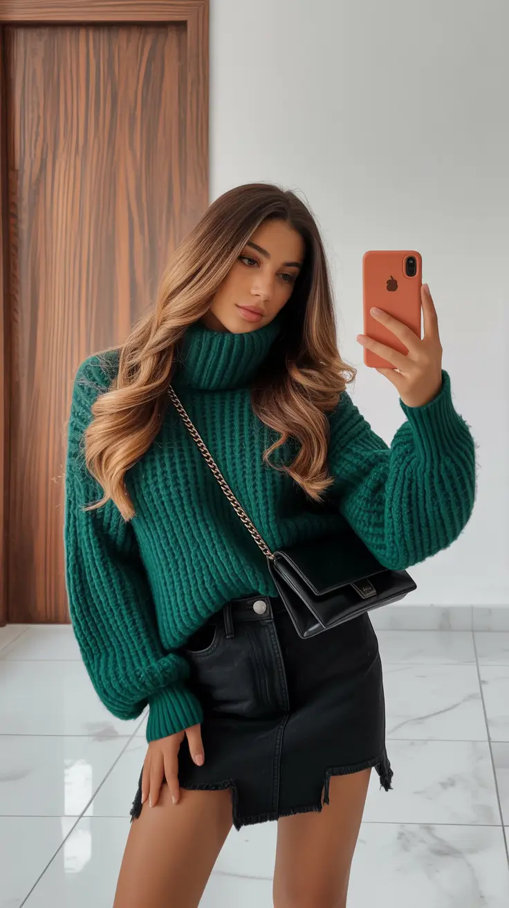 Cute outfits for women 2026 Emerald Knit and Leather Mini