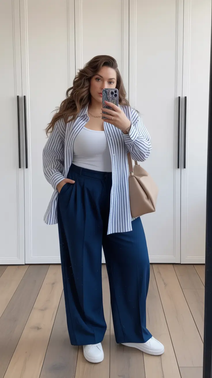 Elegant plus-size outfits for women 2026 Effortless Stripes and Navy Elegance