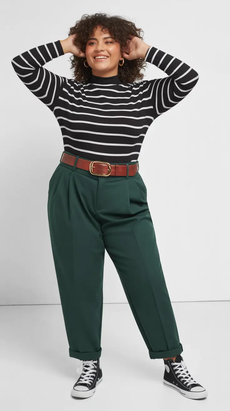 Elegant plus-size outfits for women 2026 Stripes and Emerald Energy