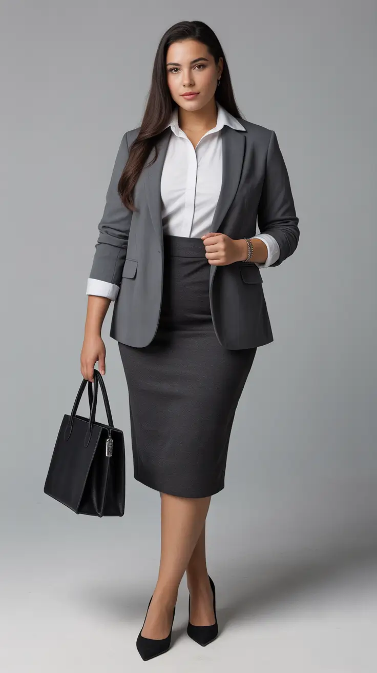 Elegant plus-size outfits for women 2026 Power in Grey Business Confidence Reimagined