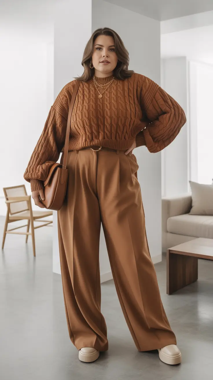 Elegant plus-size outfits for women 2026 Caramel Comfort with Chic Texture