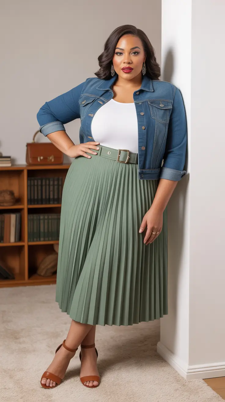 Elegant plus-size outfits for women 2026 Mint Pleats and Denim Grace