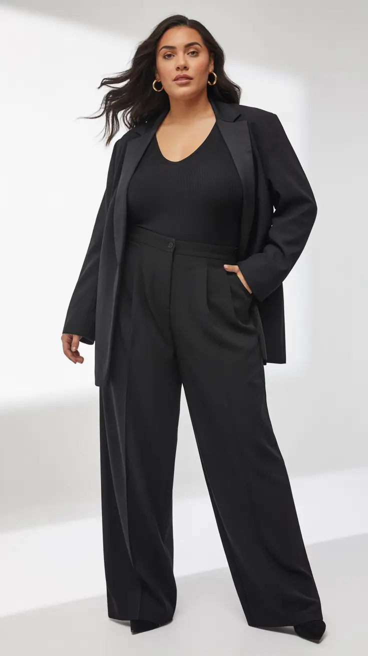 Elegant plus-size outfits for women 2026 All-Black Tailoring with an Edge