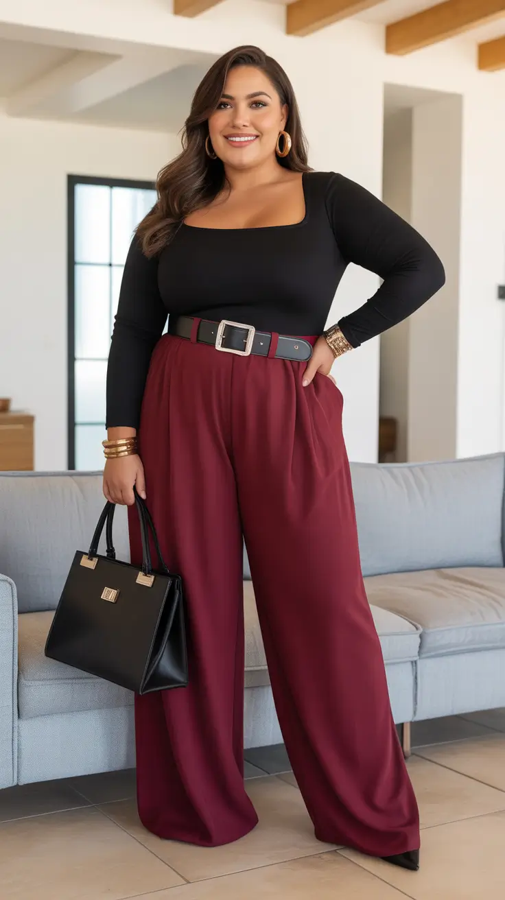 Elegant plus-size outfits for women 2026 Burgundy Power and Black Accents