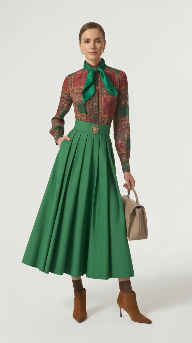 Elegant skirt outfits 2026 Emerald Poise with a Vintage Twist