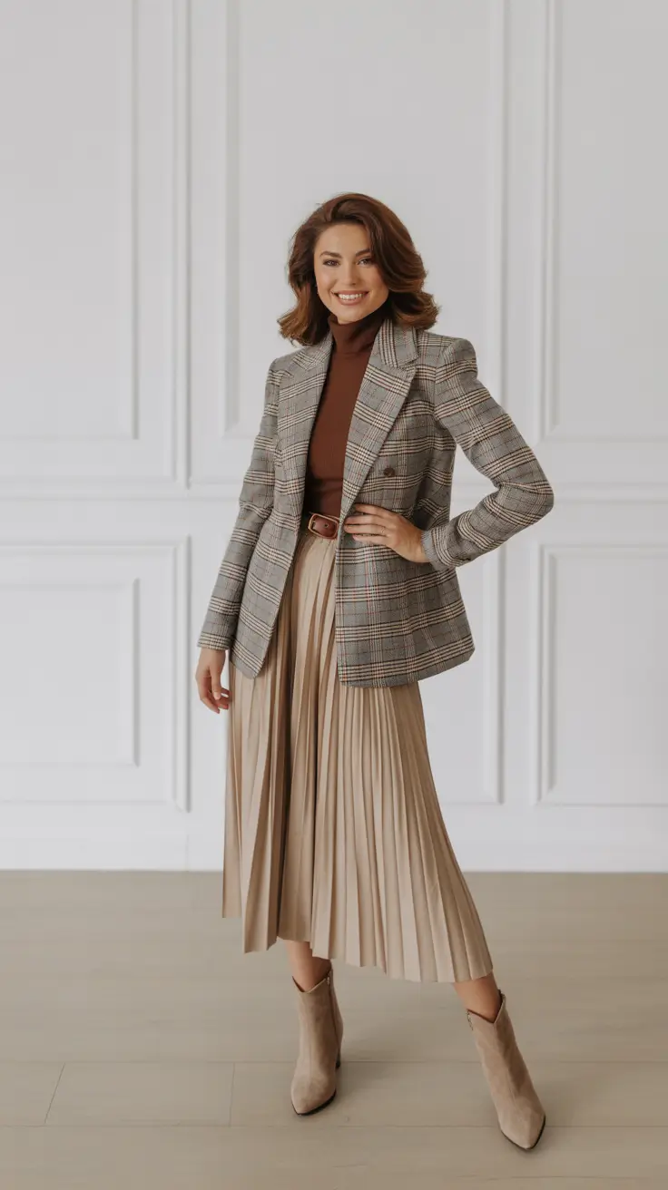 Elegant skirt outfits 2026 Timeless Neutrals with a Plaid Accent