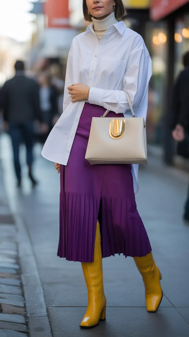 Elegant skirt outfits 2026 Bold Contrast Purple and Mustard Harmony