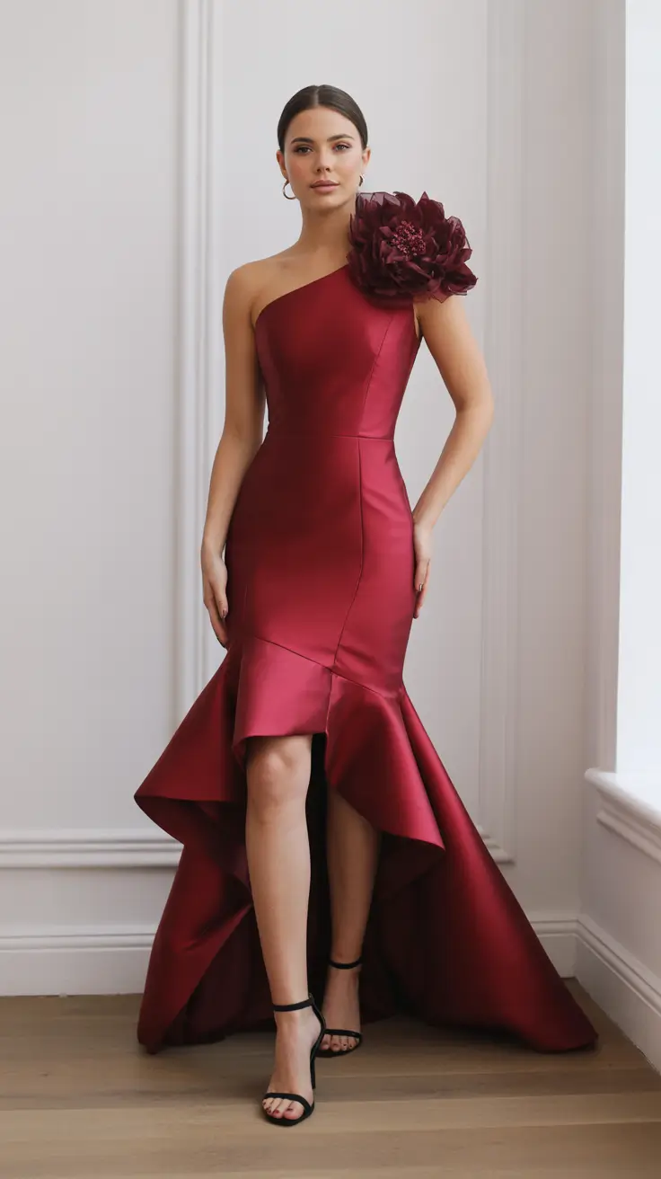 Elegant wedding guest outfits 2026 Crimson Bloom