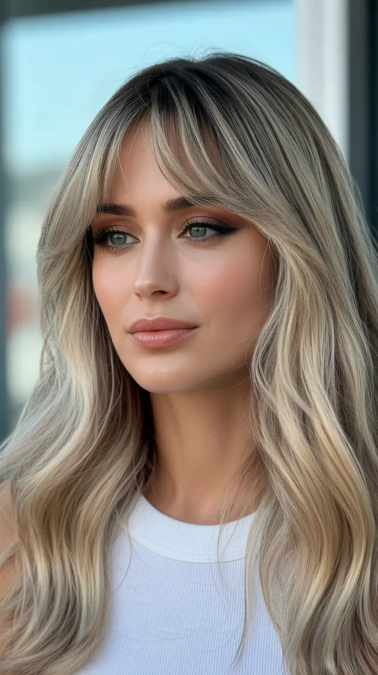 Hair color ideas to look younger 2026 Soft Ash Blonde with Curtain Bangs