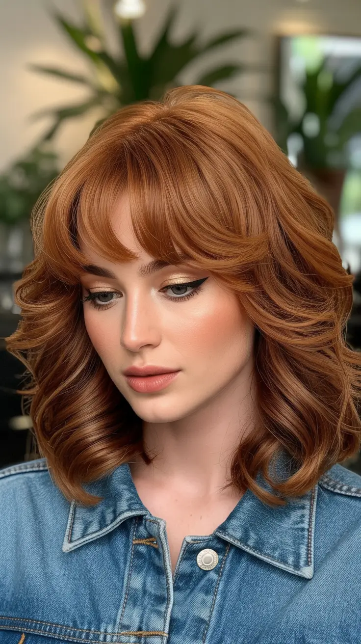 haircut for round faces Soft Auburn Waves with Bangs
