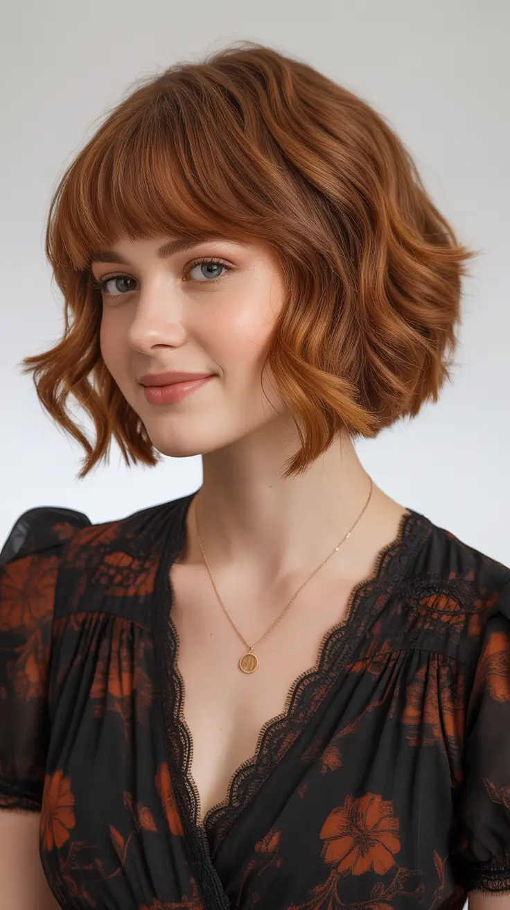 haircut for round faces Short Textured Copper Bob with Bangs