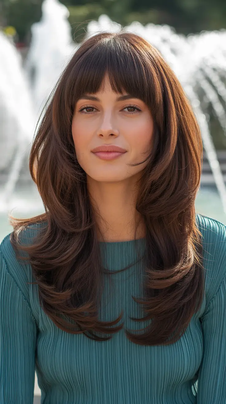 haircut for round faces Chocolate Layers with Full Bangs