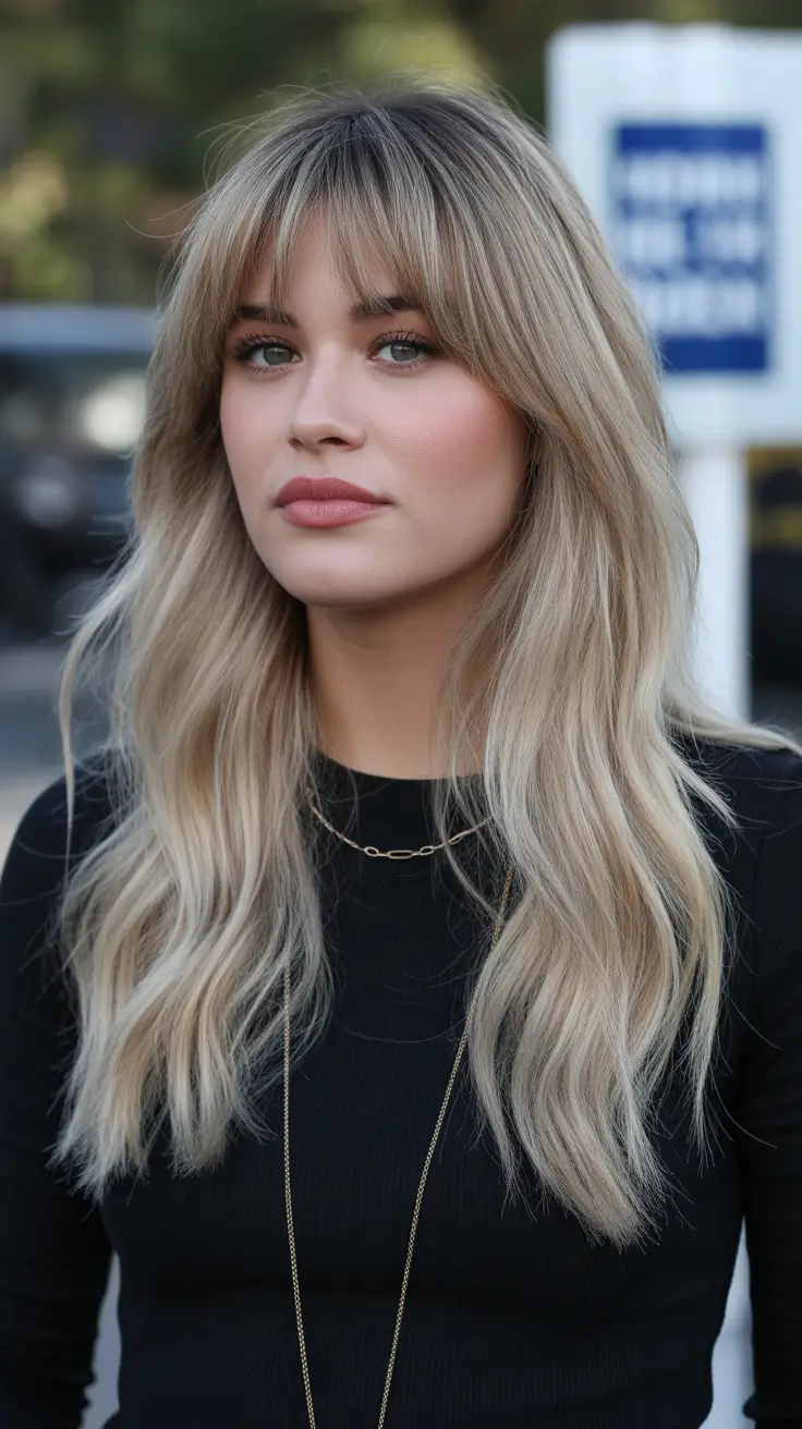 haircut for round faces Long Blonde Shag with Bangs