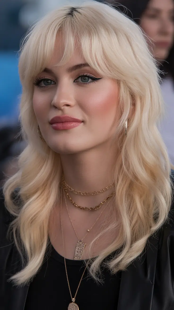 haircut for round faces Platinum Shag with Bangs