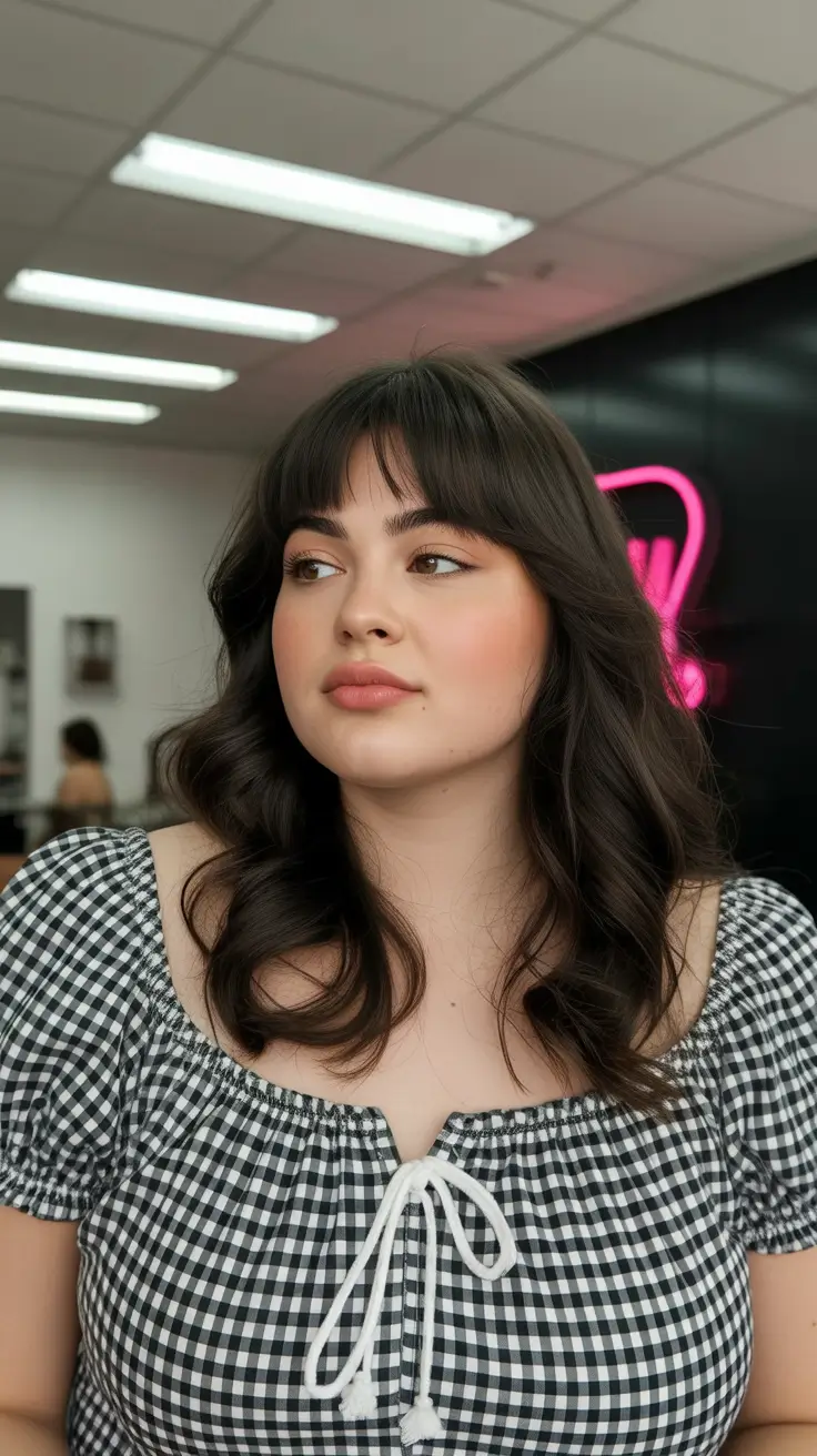 haircut for round faces Soft Chocolate Waves with Bangs