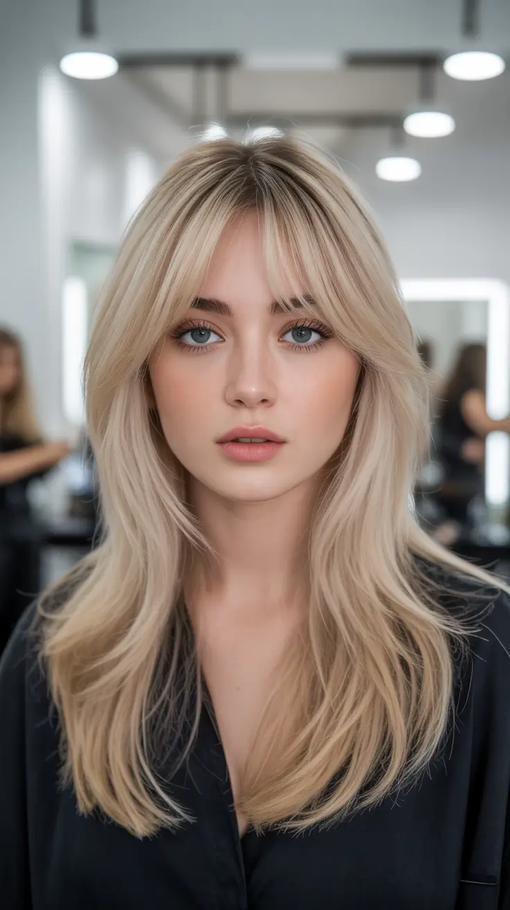 haircut for round faces Butter Blonde Layers with Curtain Bangs