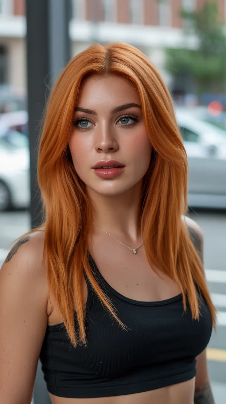 haircut for round faces Copper Sleek Mid Length Layers