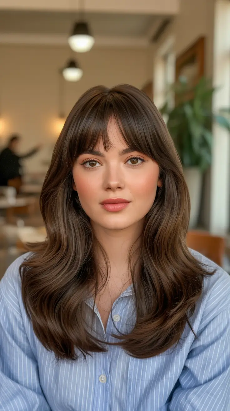 haircut for round faces Classic Brunette Layers with Bangs